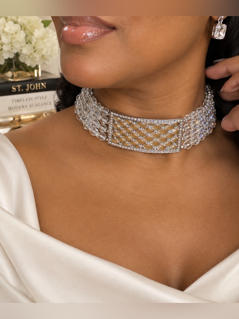 St. John Swarovski Crystal Multi Strand Choker Statement Necklace